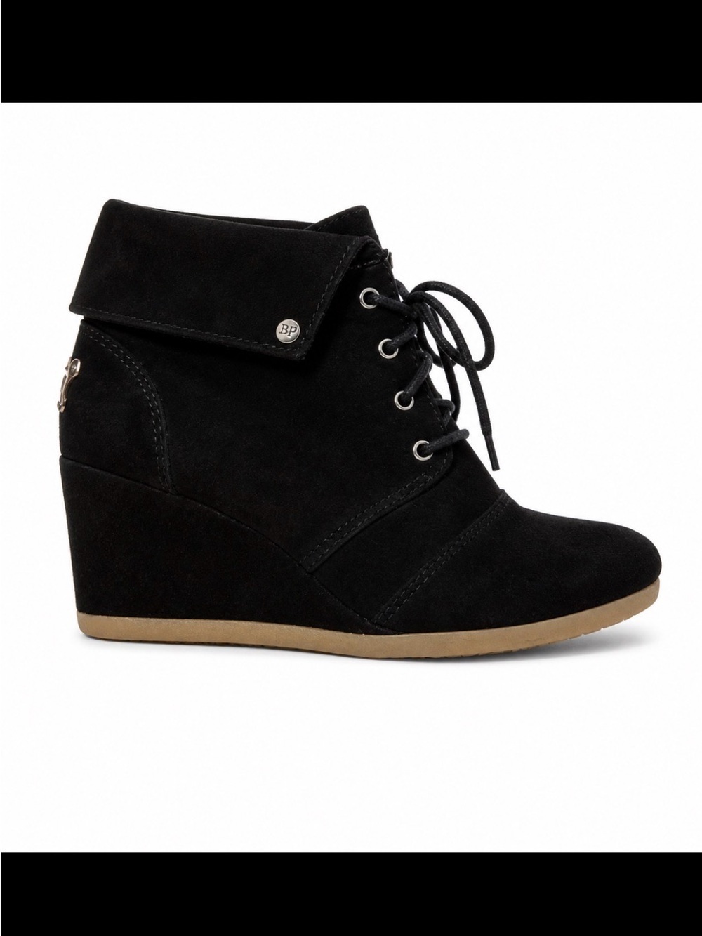 Black Lace-Up Wedge Ankle Boots suede fold over cuff easy to walk in SZ 7